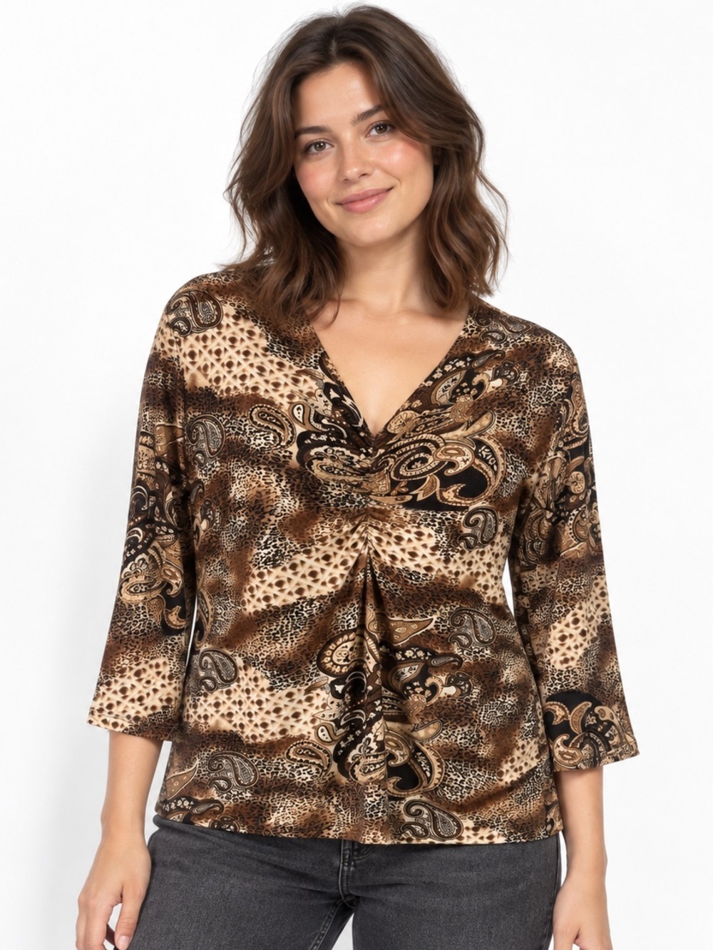 Vintage Brochure Paisley Animal Print Ruched V-Neck Top 3/4 Sleeve Large stretch